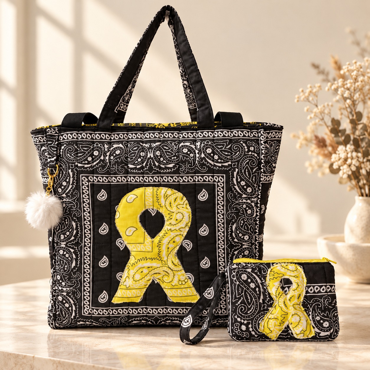 Black and white bandana tote and matching wristlet with yellow awareness ribbons on a softly lit ivory background